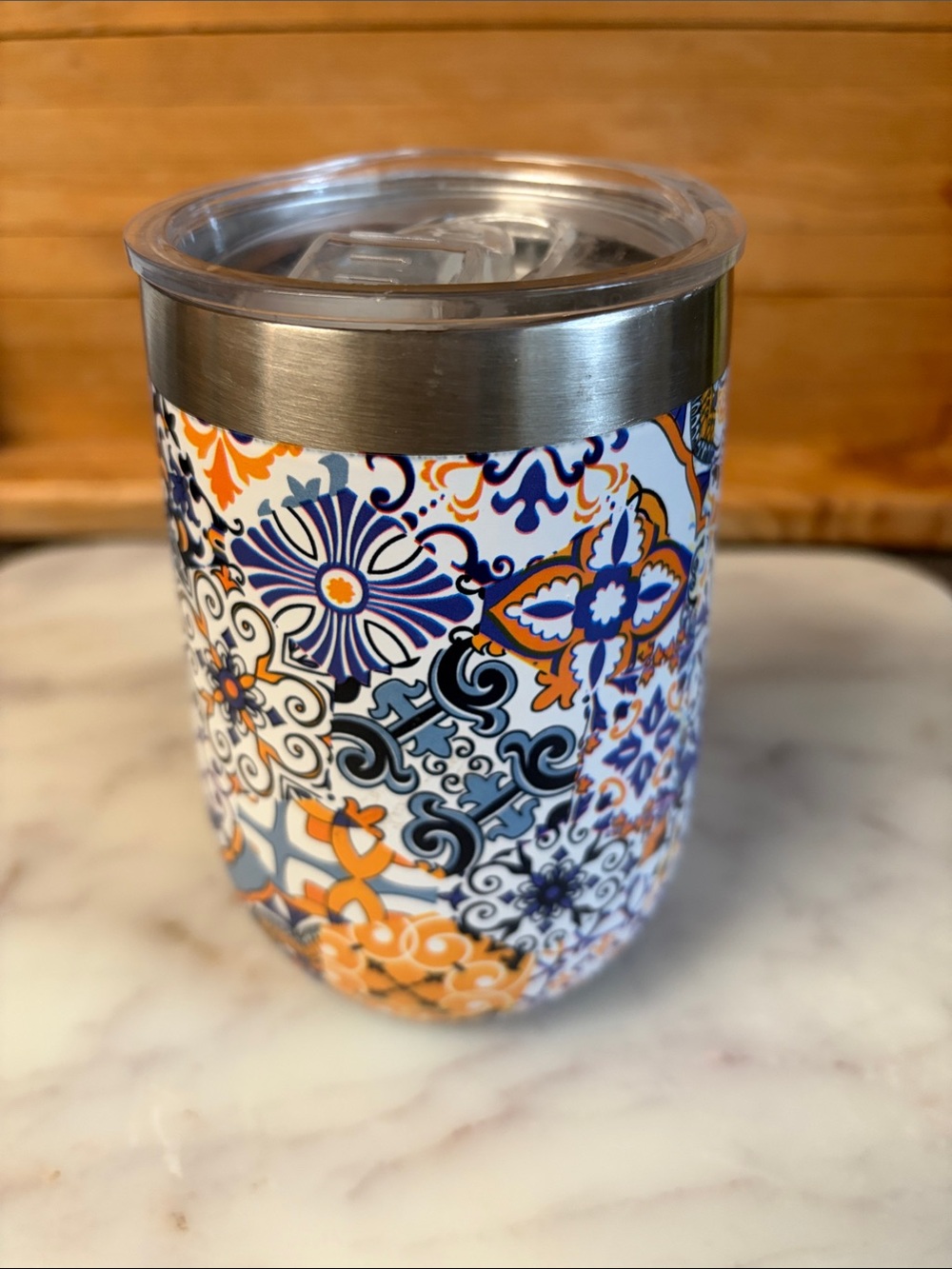 Insulated Floral Tile Pattern Wine Tumbler - Orange & Blue
